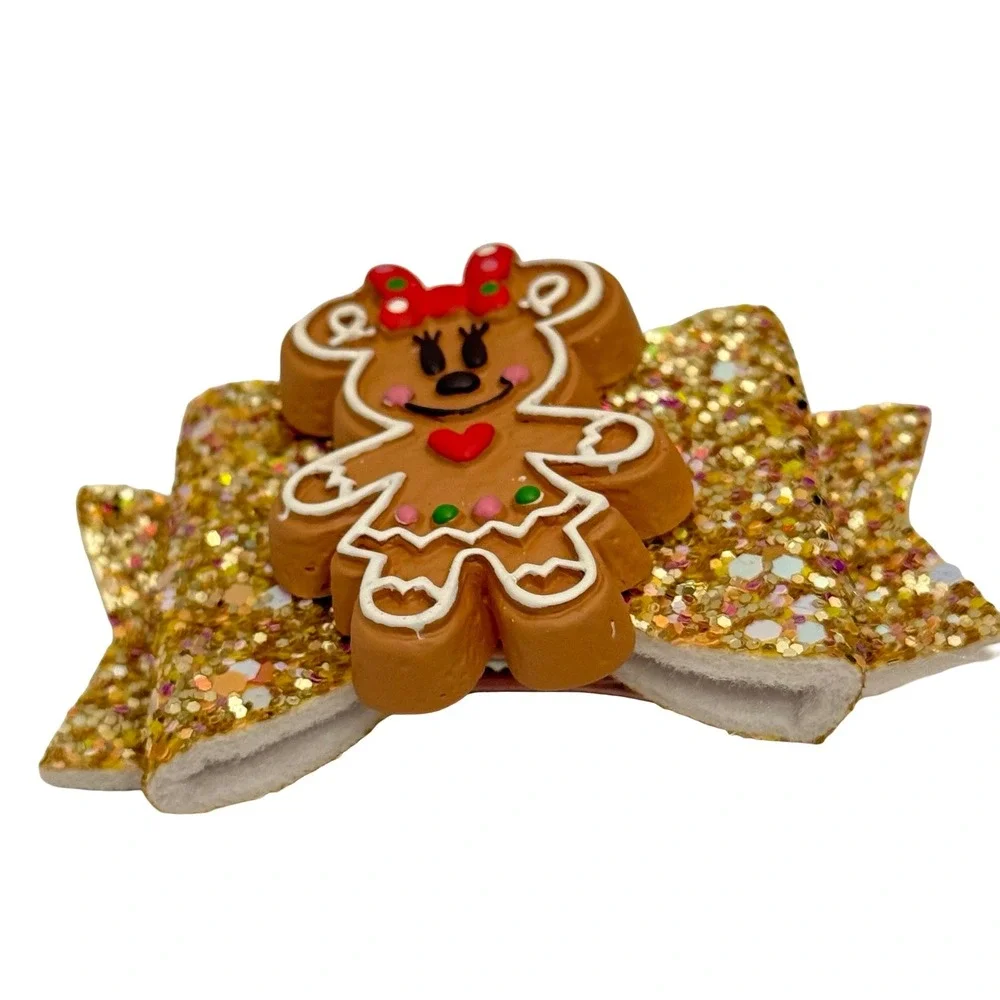Klass Christmas Gingerbread Minnie Mouse Inspired Gold Glitter Hair Bow Clip NEW